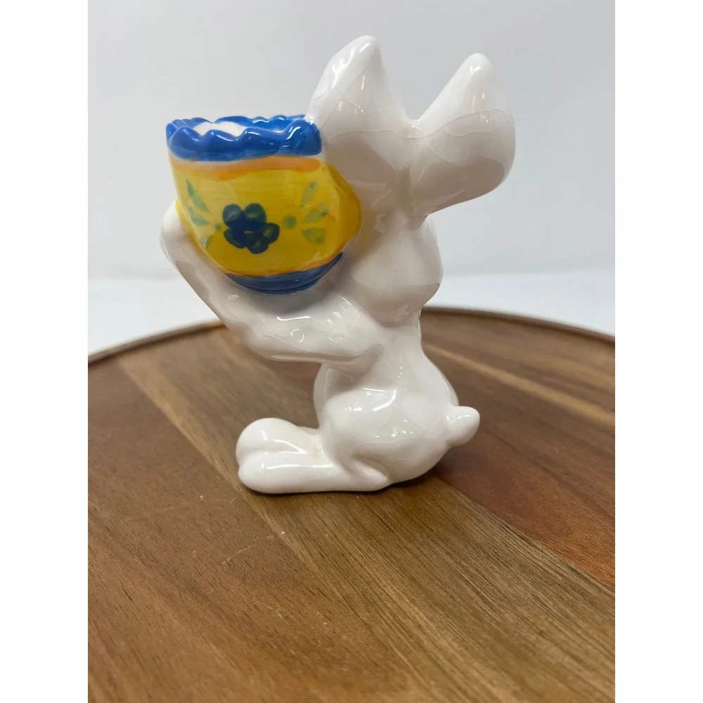K's Collection White Bunny Rabbit Egg‎ Cup Holder Yellow Blue Floral Design